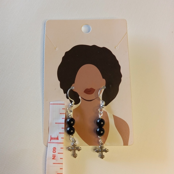 Sterling Silver Black Onyx Dangle Earrings with a Cross charm - Picture 6 of 6